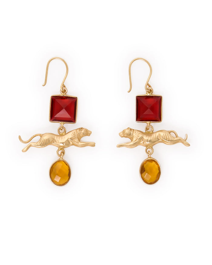 Bianca Tiger Pendant + Glass Stone Dangle Earrings Brass Dangle