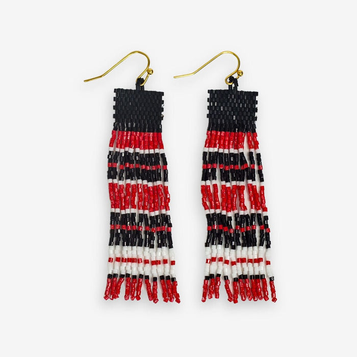 Billie Game Day Mixed Horizontal Stripes Beaded Fringe Earrings Scarlet and Black