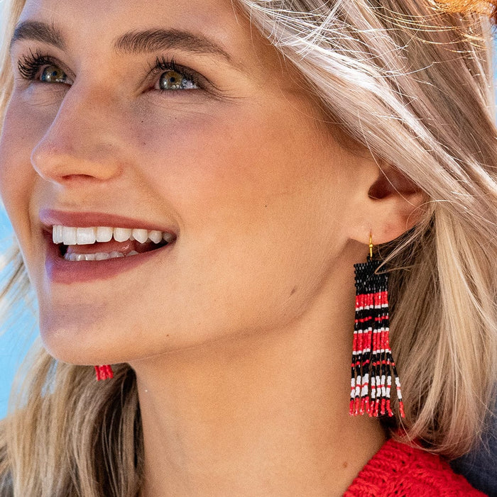 Billie Game Day Mixed Horizontal Stripes Beaded Fringe Earrings Scarlet and Black