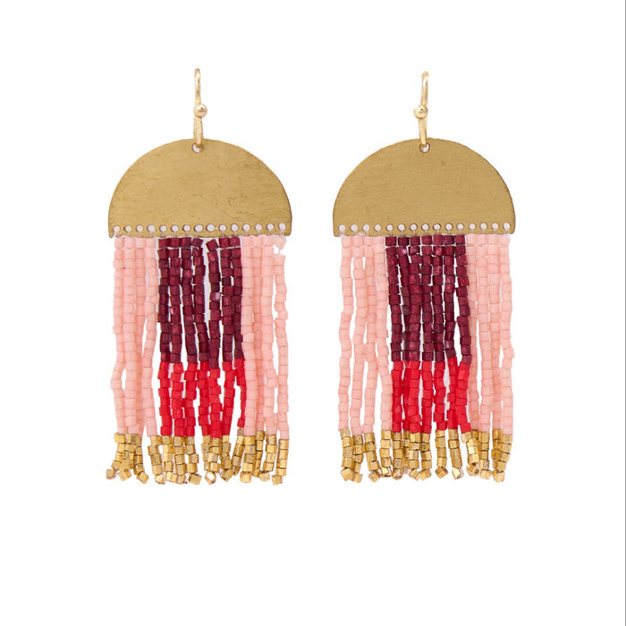 Birdie Geometric Beaded Fringe Earrings Dark Red, Red, Blush, + Gold Fringe