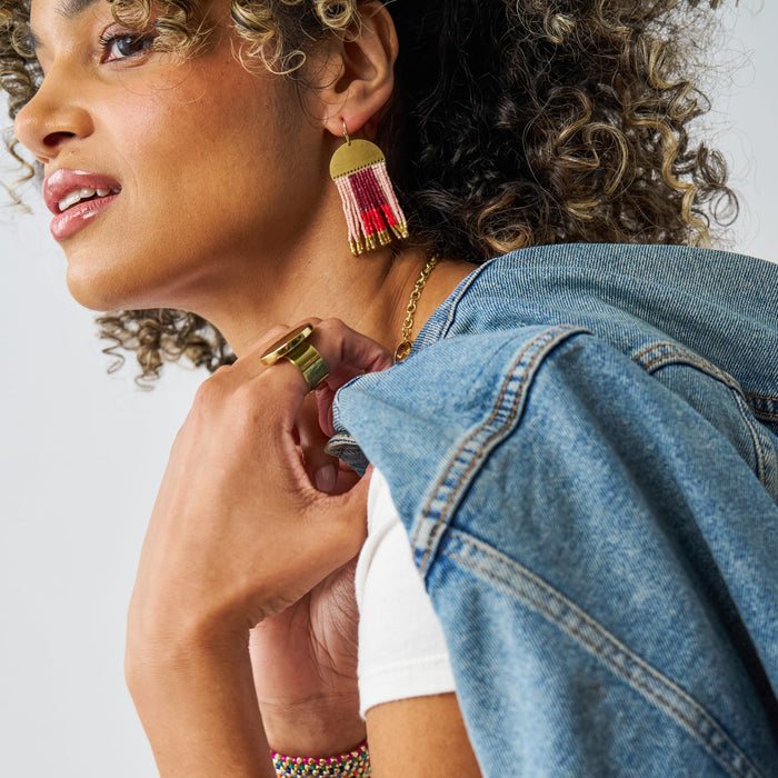 Birdie Geometric Beaded Fringe Earrings Dark Red, Red, Blush, + Gold Fringe