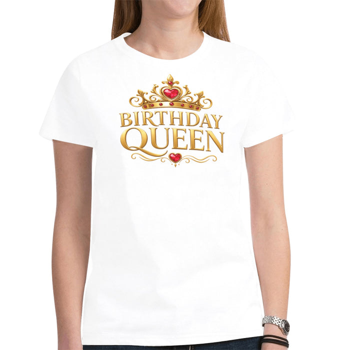 Women wearing Birthday Queen birthday party T-shirt white