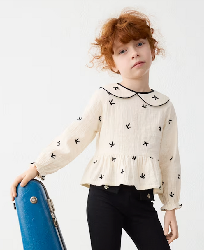 Black and White Embroidered Bow Blouse