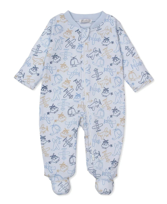 Blue Air Travel Print Zip Footie