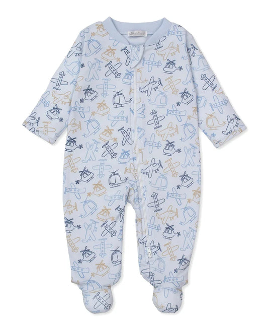 Blue Air Travel Print Zip Footie