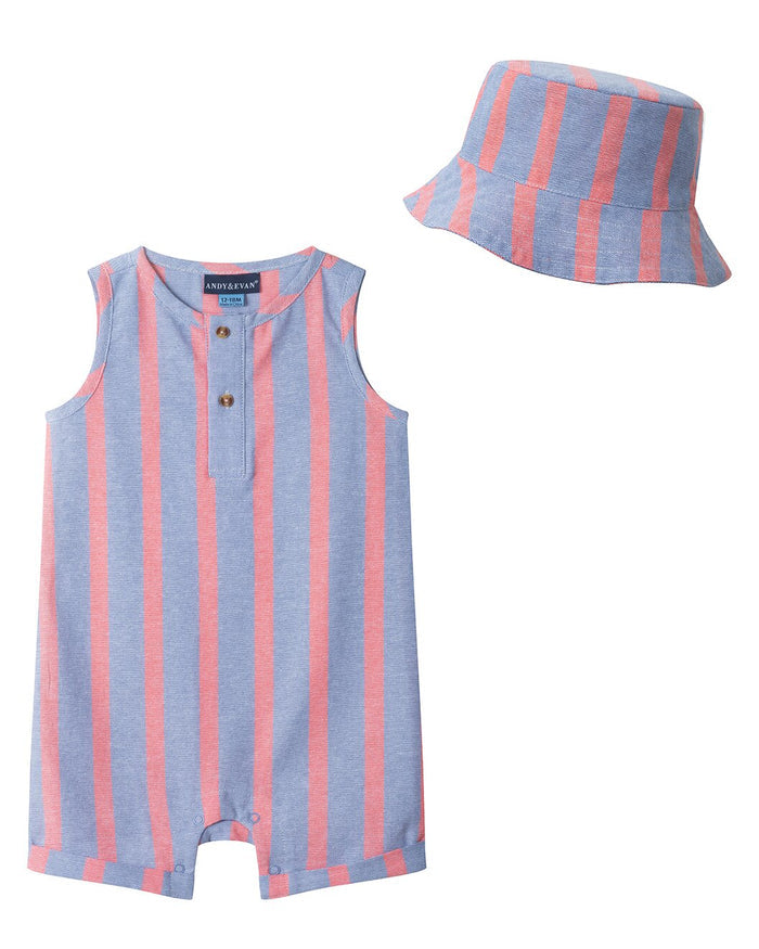 Blue and Red Striped Henley Romper with Hat