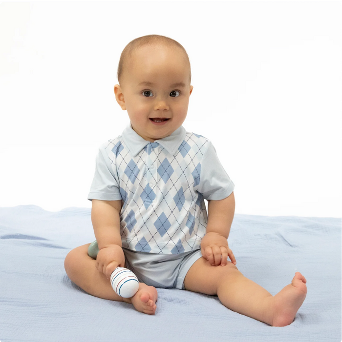 Blue Argyle Collared Short Playsuit