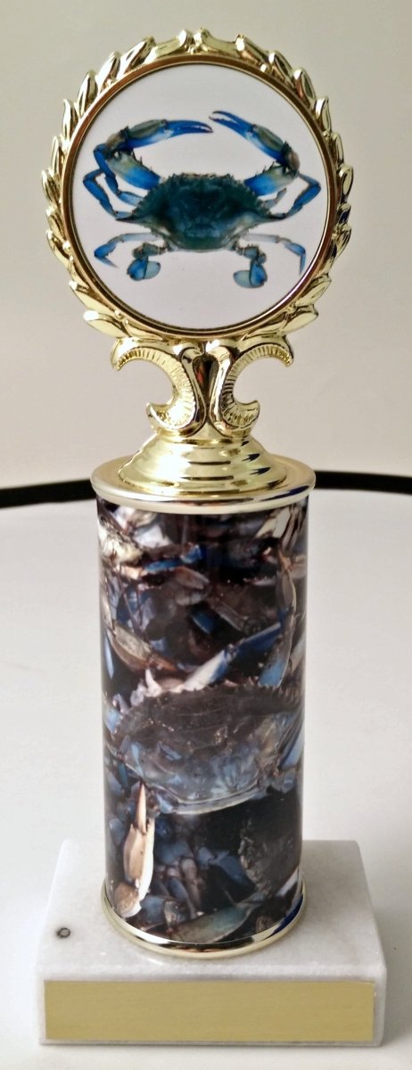 A trophy featuring a blue crab logo on the top award, with a crab column, mounted on a white base.