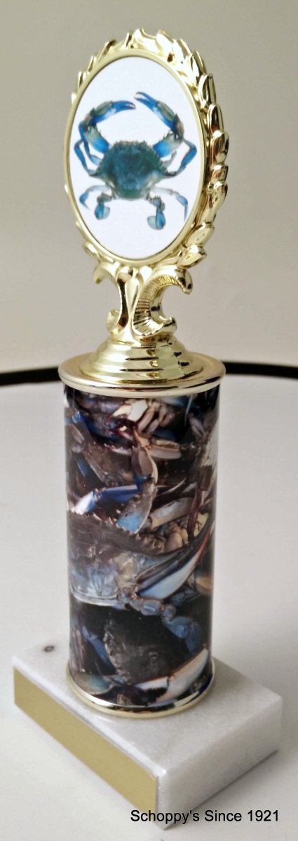 A trophy featuring a blue crab logo on the top award, with a crab column, mounted on a white base.