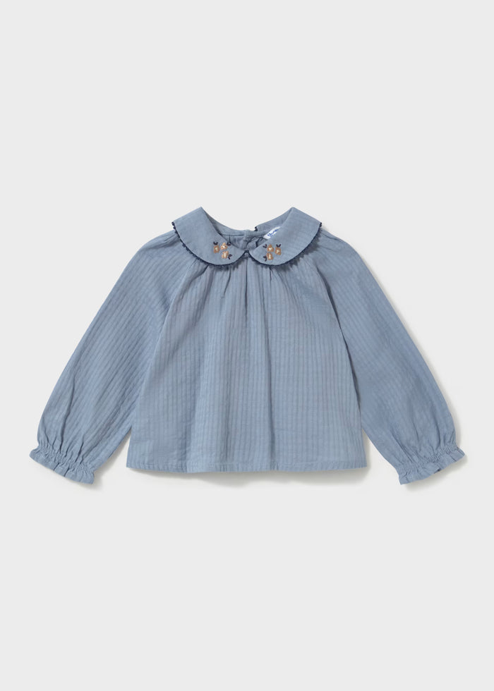 Blue Embroidered Peter Pan Collar Blouse