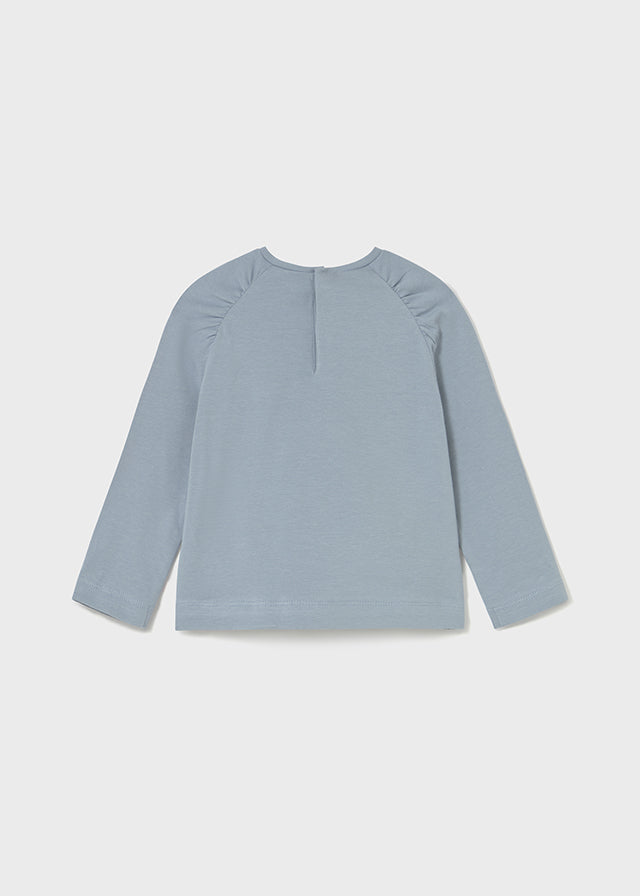 Blue Gathered Raglan Graphic Floral LS Tee