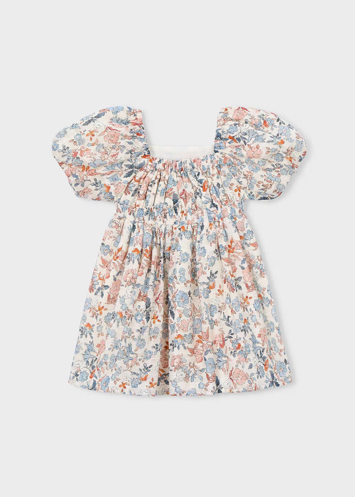Blue Pink Floral Puff Sleeve Square Neck Dress