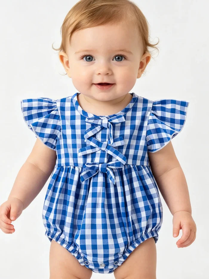 Blue Plaid Bow Romper