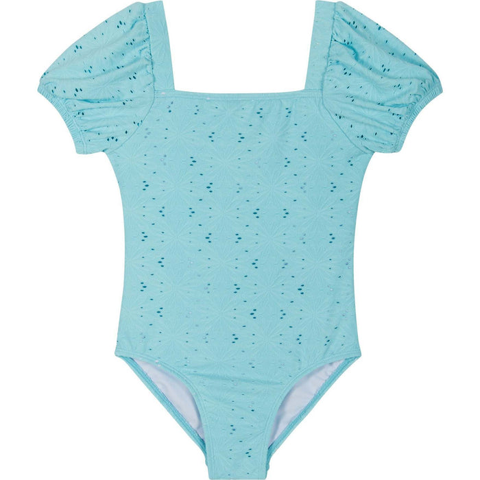 Blue Textured Puff Sleeve Swimsuit