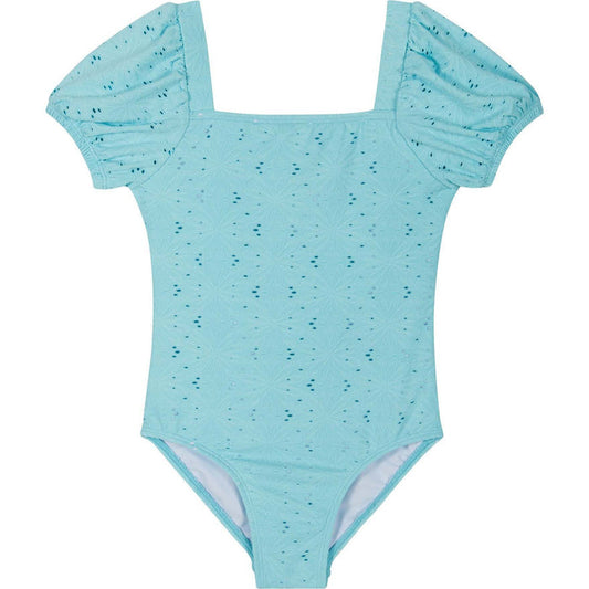 Blue Textured Puff Sleeve Swimsuit