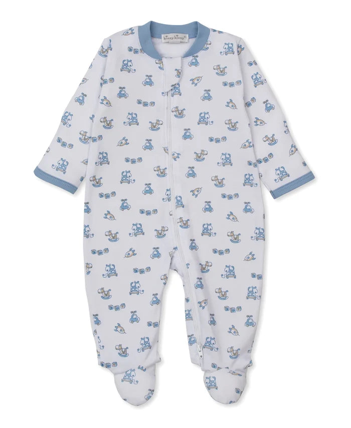 Blue Vintage Toy Fun Print Zip Footie