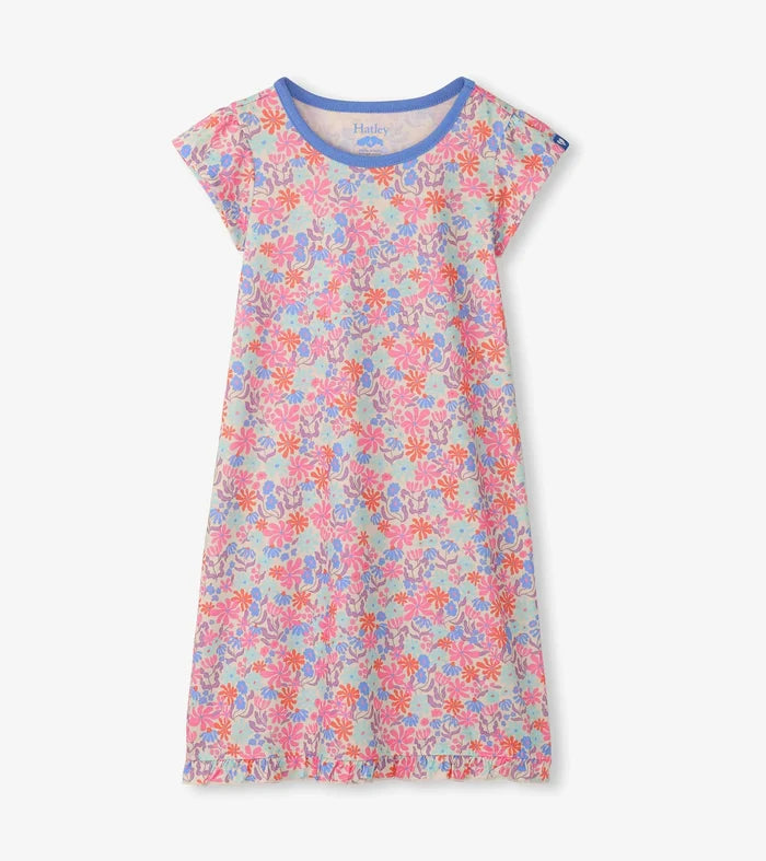 Blue Whimsical Flowers Ruffle Hem Nightgown
