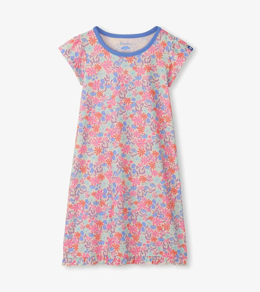 Blue Whimsical Flowers Ruffle Hem Nightgown