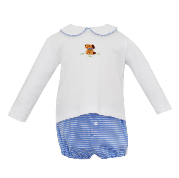 Blue White Stripe Knit Crochet Puppy LS Diaper Set