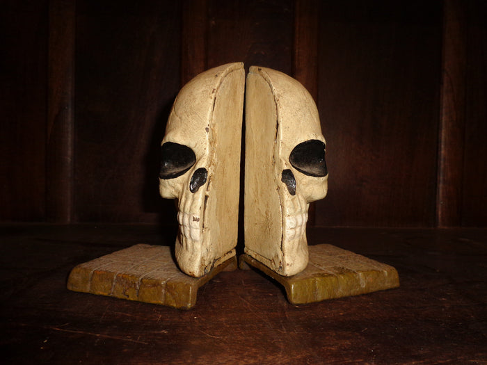 Bookends -Cast Iron Pair Halloween Skull Head-Jantiques LLC.