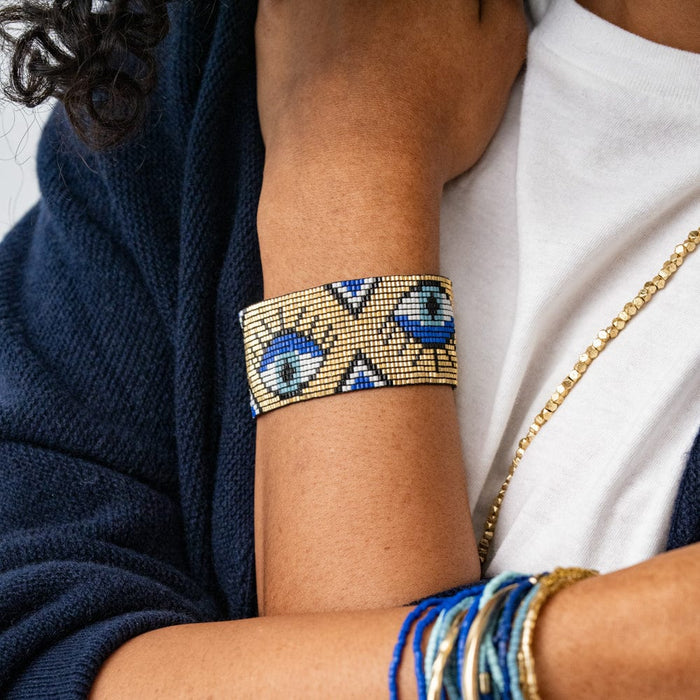Brooklyn Evil Eye Beaded Stretch Bracelet Gold Stretch
