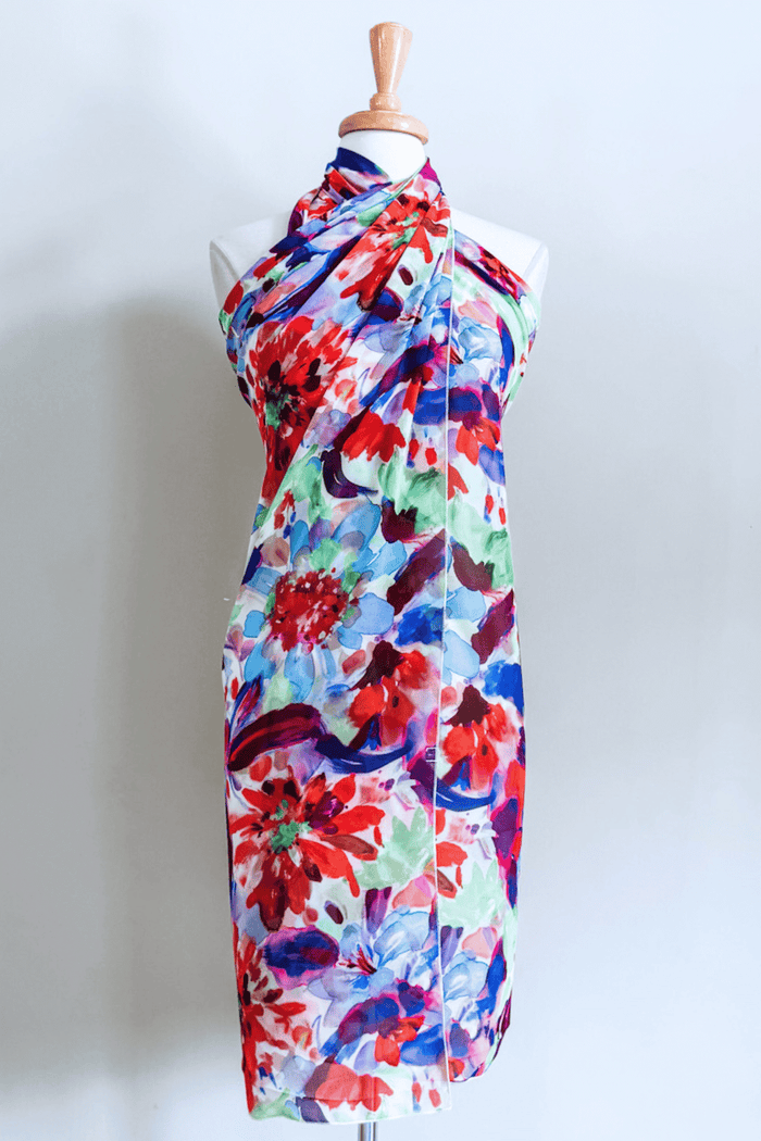 Convertible wrap dress in vibrant Jardin floral print with lightweight, silky drape and soft sheen.