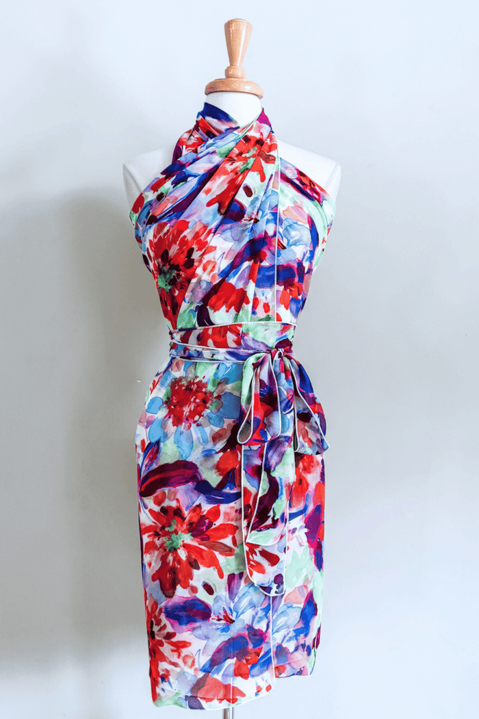 Convertible wrap dress in vibrant Jardin floral print with lightweight, silky drape and soft sheen.