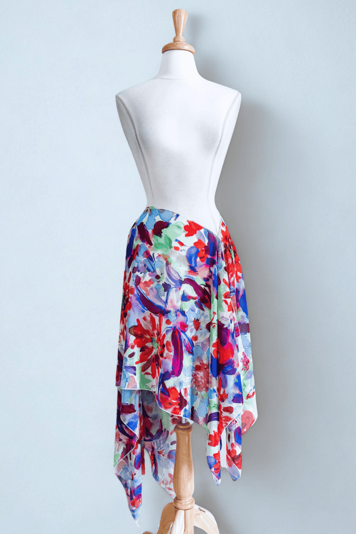 Convertible wrap skirt in vibrant Jardin floral print with lightweight, silky drape and soft sheen.