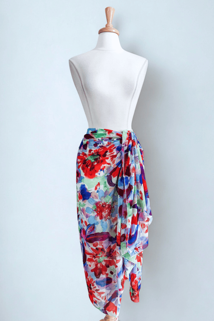 Convertible wrap skirt in vibrant Jardin floral print with lightweight, silky drape and soft sheen.