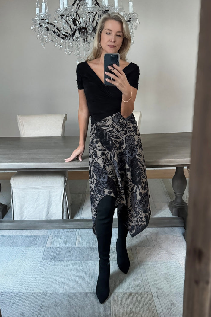 Diane Kroe Carry-on Cozy in blue Spain print styled as skirt.