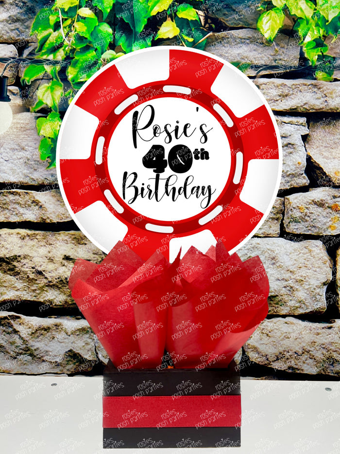 Set of four casino poker chip table centerpieces in red, yellow, green, and blue, personalized for your next event with matching tissue paper and base trim