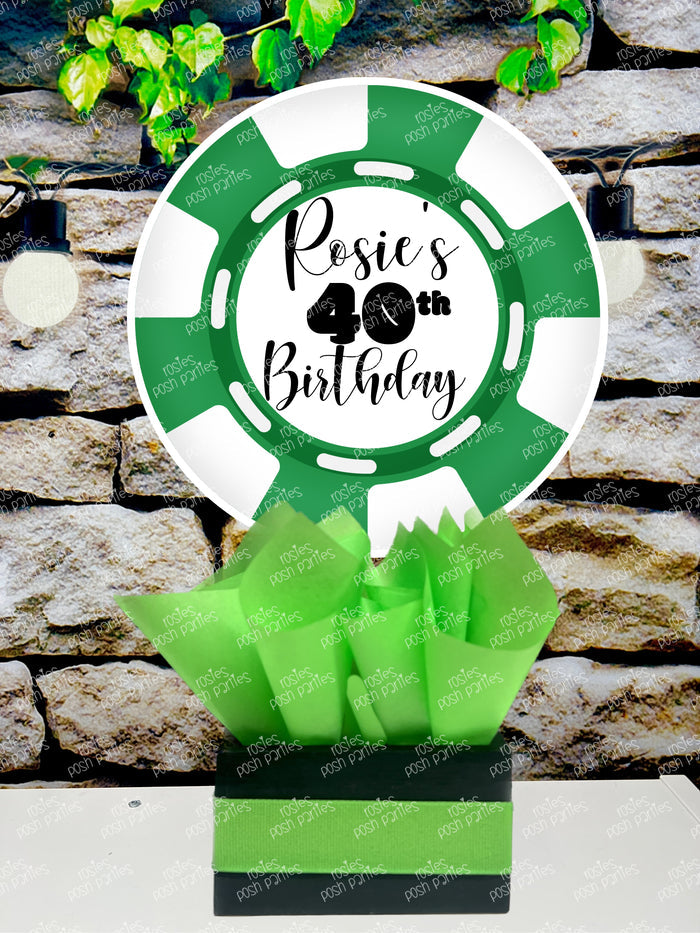 Set of four casino poker chip table centerpieces in red, yellow, green, and blue, personalized for your next event with matching tissue paper and base trim