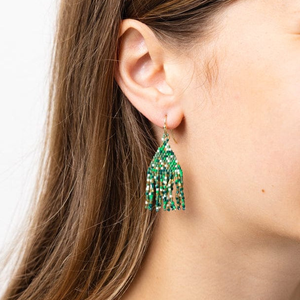 Cassie Mini Confetti Short Fringe Earrings Green + Gold Fringe