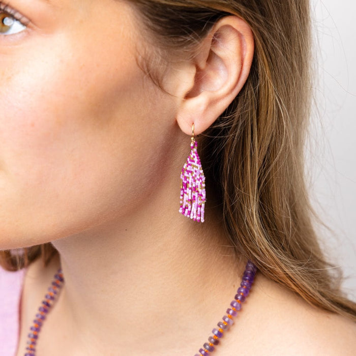Cassie Mini Confetti Short Fringe Earrings Purple + Gold Fringe