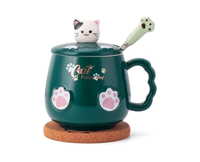 Ceramic Cat Mug with Lid and Spoon: Green