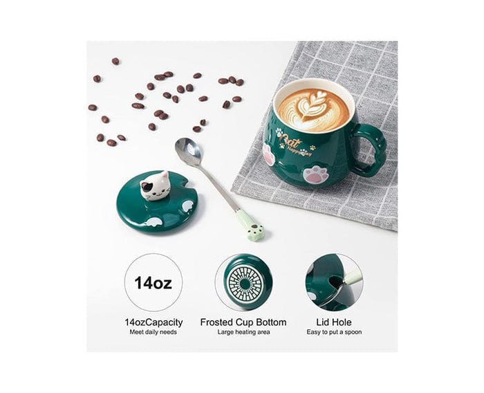 Ceramic Cat Mug with Lid and Spoon: Green
