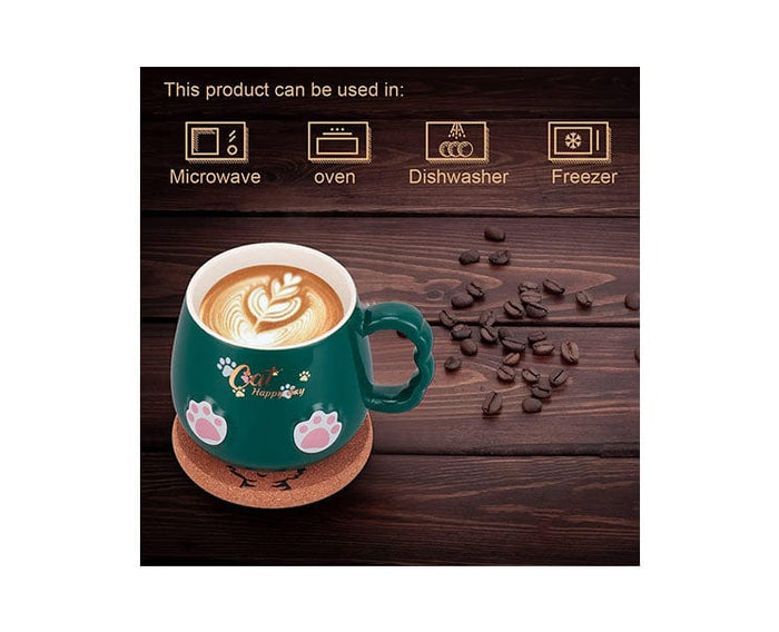 Ceramic Cat Mug with Lid and Spoon: Green