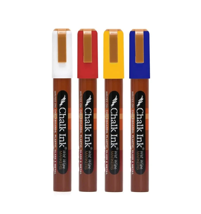Four Chalk Ink wet-wipe markers with white, red, yellow, and blue caps.
