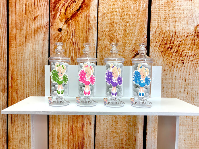 Cheerleader Birthday Theme Apothecary Favor Jars Blonde Hair Cheer SET OF 12