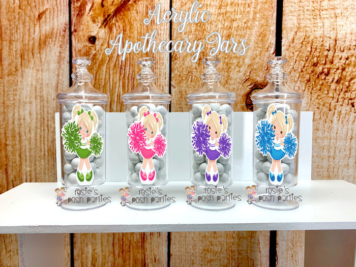 Cheerleader Birthday Theme Apothecary Favor Jars Blonde Hair Cheer SET OF 12
