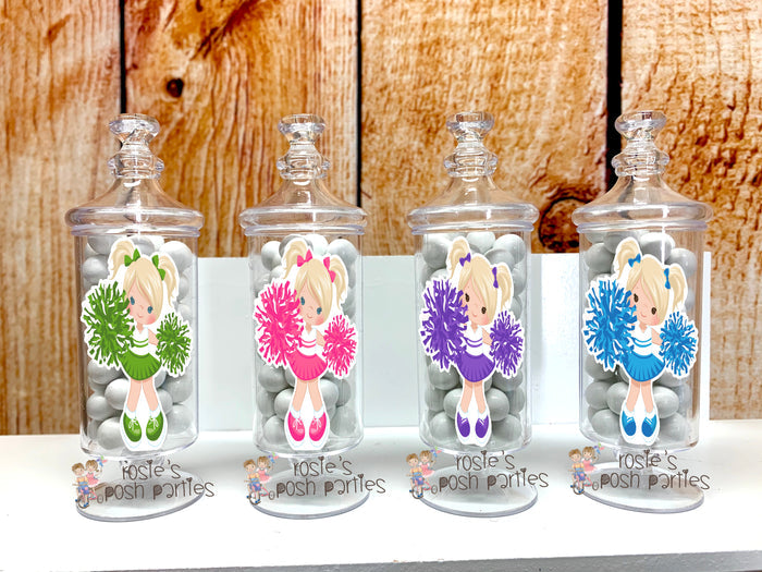 Cheerleader Birthday Theme Apothecary Favor Jars Blonde Hair Cheer SET OF 12