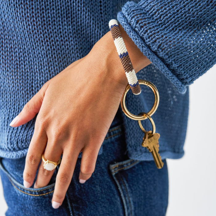 Chloe Stripe Beaded Key Ring Bracelet Brown, Navy, + Ivory Key Ring