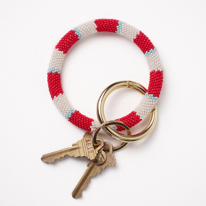 Chloe Stripe Beaded Key Ring Bracelet Red, Light Blue, + Ivory Key Ring + Bag Charm