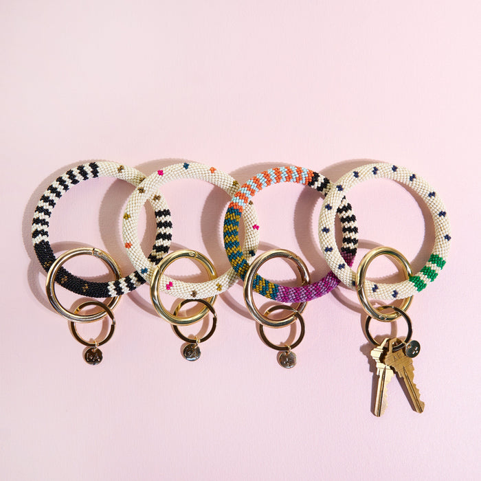 Chloe Polka Dot Beaded Key Ring Bracelet Ivory Key Ring + Bag Charm
