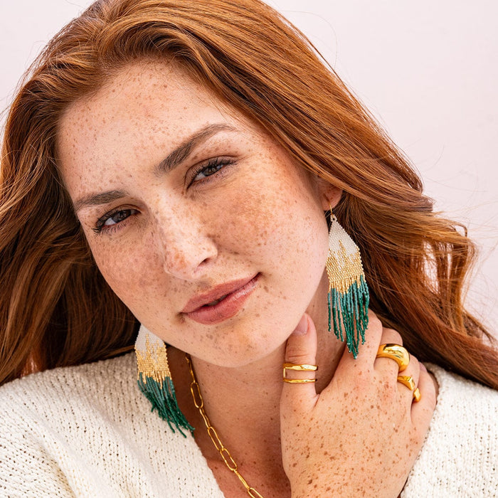 Claire Ombre Beaded Fringe Earrings Emerald Earrings