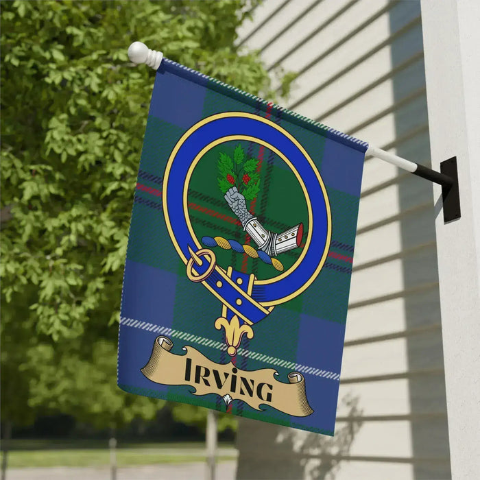 Irving Crest Clan Tartan Garden Flag