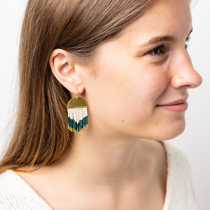Claudia Curved Pattern Short Beaded Fringe Earrings Bright Emerald Fringe