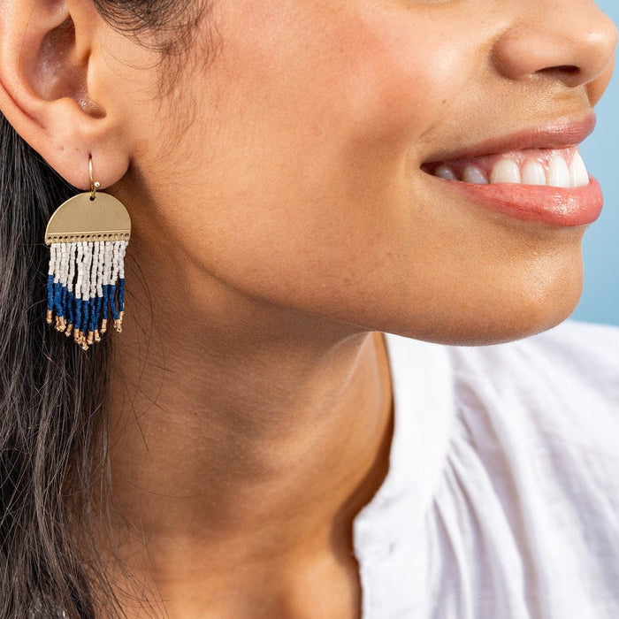 Claudia Curved Pattern Short Beaded Fringe Earrings Navy SHORT FRINGE