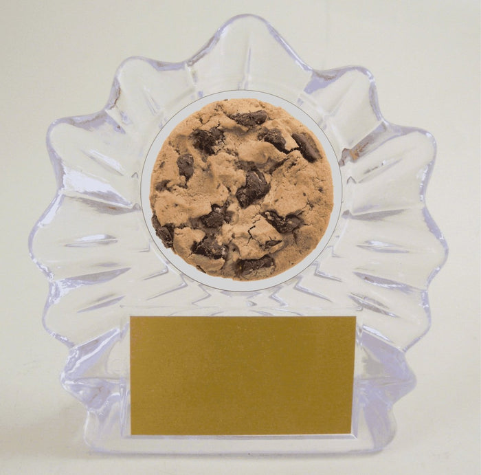 Cookie Logo on shell acrylic trophy with gold engraving plate