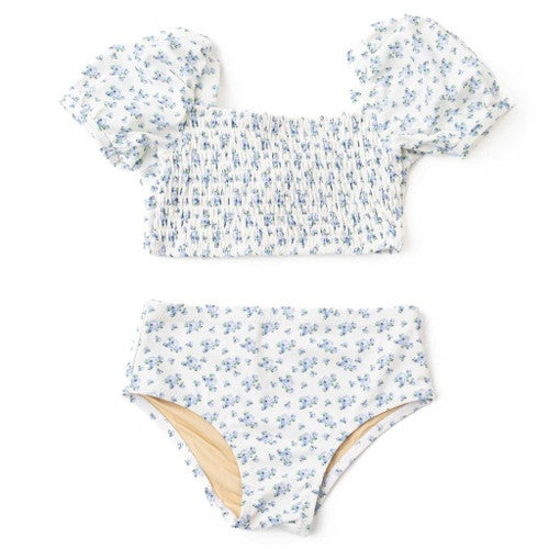 Cottage Floral Blue Puff Sleeve 2pc Swim
